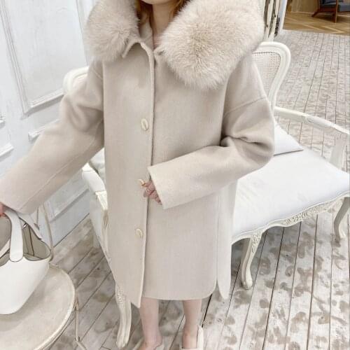 Fox Fur Collar Double-Sided Cashmere Mid-Length Solid Color Coat Korea Style Women Scarf Collar Overcoat