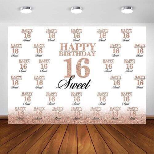 Sweet Sixteen Backdrop Girls 16th Birthday Rose Gold Birthday Background for Photography Repeat Steps Party Banner