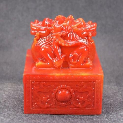 8cm imitation Shoushan Stone Double Dragon Seal Emperor Qin Shihuangs national jade seal decoration antique stone red signet