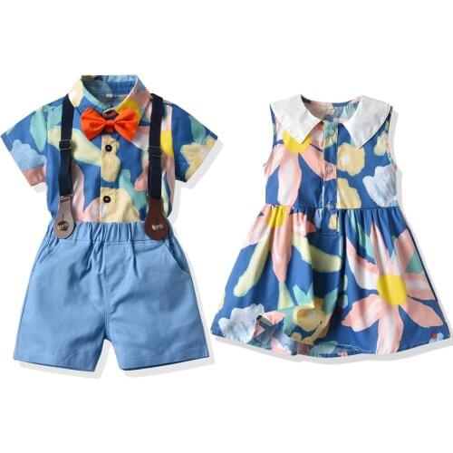 Tem Doger Print Brother and Sister Kids Matching Sets Boys Gentleman Suit+Princess Girls Dress Sets Child Clothes for 0-6T