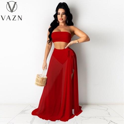 VAZN 2021 Summer Swimsuit New European and American Womens Pure Color Sexy Mesh Swimsuit Set 3 Pieces