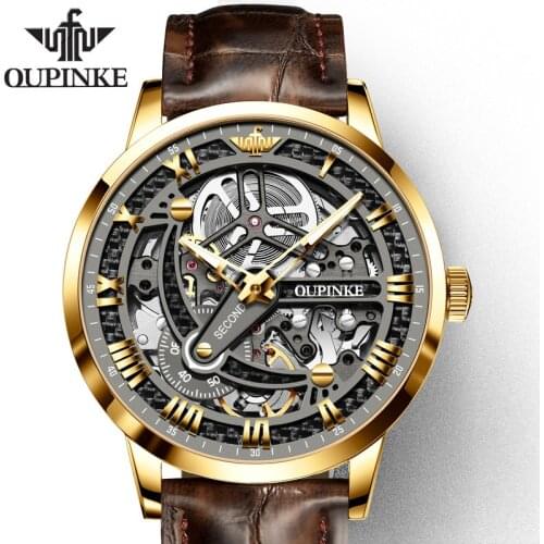 OUPINKE Luxury Brand Men Automatic Skeleton Mechanical Watch Men Fashion Classic Sapphire Men Watches Leather relogio masculino