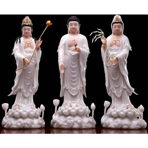 A set 3PCS HOME shrine protection Buddhism jade XI FANG SANSHENG Guan yin Amitabha Mahasthamaprapta Buddha God statue Large 48CM
