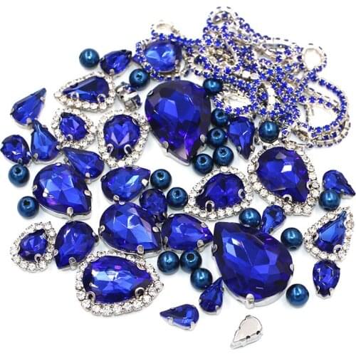 New Arrival Drop Shape Royal Blue Mix Size Glass Crystal Stones Pearl Beads Cup Chain Rim Rhinestones For Clothing/Wedding Dress