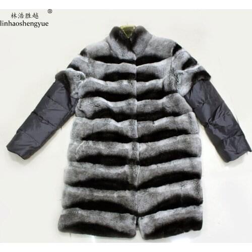 Linhaoshengyue Real Rabbit Fur Women Coat with Eiderdown Sleeve Warm 90CM