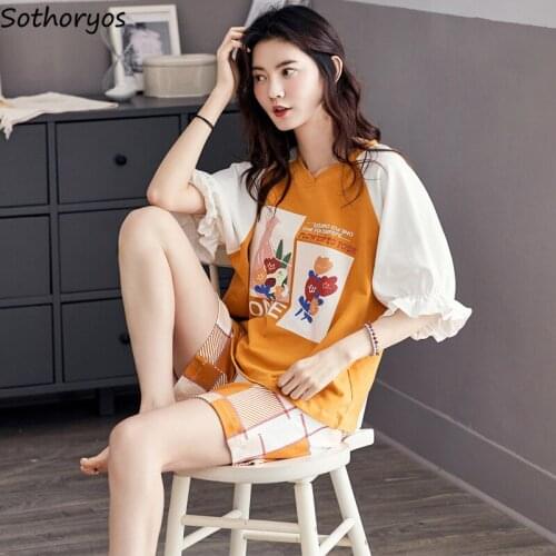 Pajama Sets Women Lovely Ruffles Design Students Cartoon Shorts Sleepwear Summer Lightweight Soft Pockets Sweet Trendy Casual