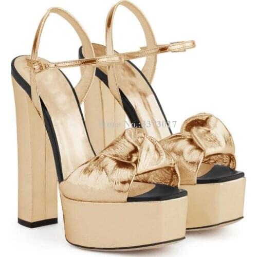 Gold Color Chunky Heel Platform Sandals Women Fashion Thick Heel Knot Sandals Lady Large Size Peep Toe Gladiator Sandals Shoes
