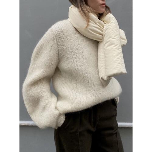 Classy Boutique Trendy Black/Ecru Pale White Puffy Goose Down Pillow Scarf Chic Unisex Iconic Stitched Padded Warmer Long Shawl