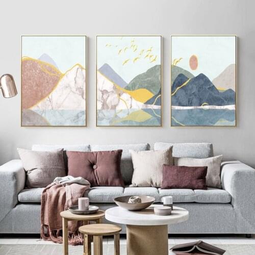 Light Color Water Ink Landscape Painting Gold Swallow Nordic Modern Canvas Prints Wall Art Posters for Diving Room Bedroom Decor