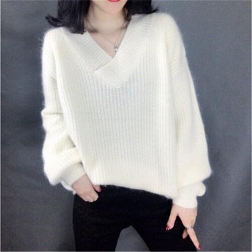 New fashion pure cashmere Vneck knit women solid thick loose pullover sweater M-2XL retail wholesale