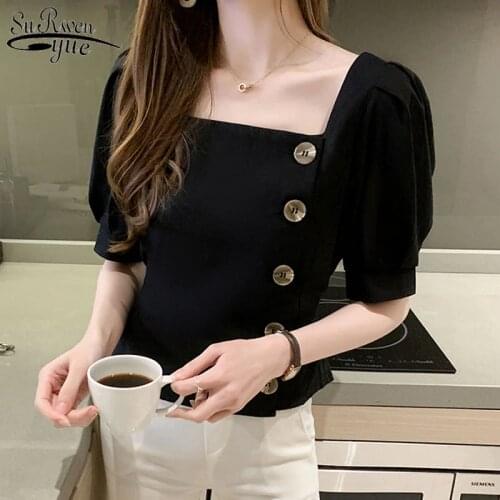 Vintage Linen Cotton Shirt Womans Blouses Bandage Slim Ropa De Mujer Short Sleeve Top Puff Sleeve Solid Button Shirts 9637