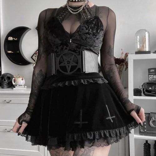 Black Women Gothic Mini Skirt 2021 Summer Dark Goth Lolita Cross Embroidery Lace Patchwork Velvet High Waist Cool Skirts A-line
