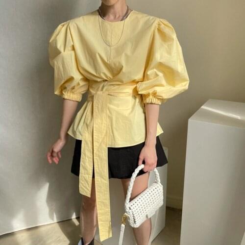 Vintage Puff Sleeve Women Blouse 2021 Summer Fashion Yellow Bandage O-neck Tops High Street Ladies Cotton Loose Shirt Tops