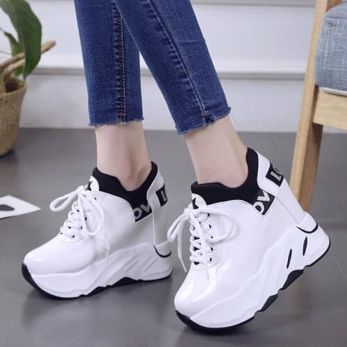 New 2019 Spring Woman Platform Shoes Wedge Heel 12 CM Casual Shoes Height Increasing White Black Sneakers Women Leather Shoes