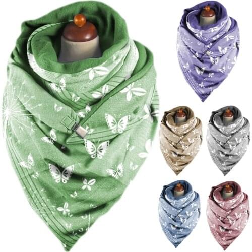 Women Winter Thicken Warm Large Triangle Scarf with Adjustable Clip Butterfly Printed Solid Color Shawl Wrap Snood Cold