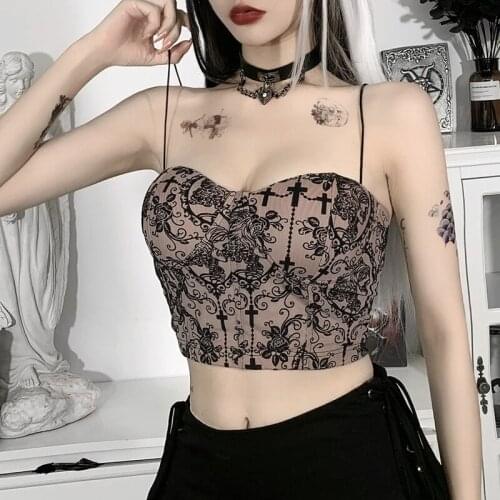 Punk Print Summer Camis Harajuku Grunge Sexy Sleeveless Slim Crop Tops Gothic Backless Lace Patchwork Tank Top
