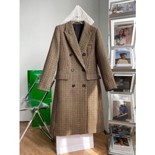 High End Custom 11.12 Temperament Elegant Fashion Vintage Houndstooth Plaid Elbow Leather Patchwork Design Wool Coat Women