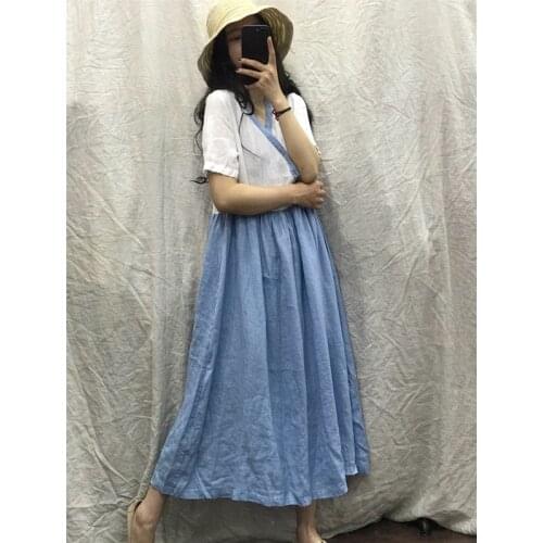 Women Loose Summer Linen Patchwork Dress Ladies Vintage Flax Spliced Chinese Style Dress Female 2020 Dresses