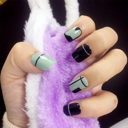 24pcs/box with 2g glue Blue Black Short Square fake nails press on Fashion Jump Head Stripe Design artificial nails for girls