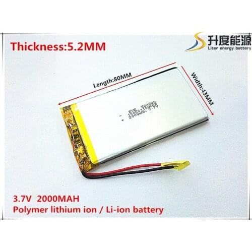 3.7V 2000mAh 524380 Lithium Polymer Li-Po li ion Rechargeable Battery cells For Mp3 MP4 MP5 GPS