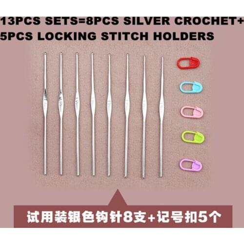 8 Silver Crochet hooks needle sets with 5 pcs Stitch markers holders knitting