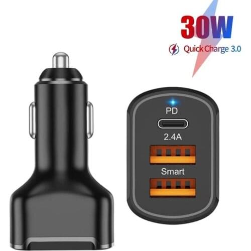30W 3 Port Car Charger QC4.0 QC3.0 Type C PD Fast Car Charging Charger For iPhone 12 Pro Max Xiaomi Samsung Huawei Auto Adapter