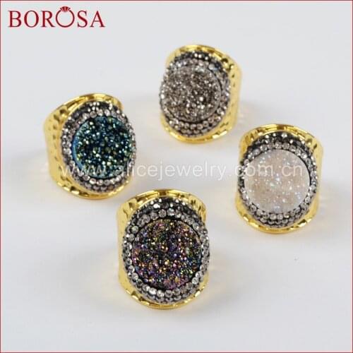 BOROSA Fashion Round Shape Rainbow Titanium Druzy Crystal Ring Crystal Rhinestone Pave Adjustable Band Ring Gems Jewelry JAB759