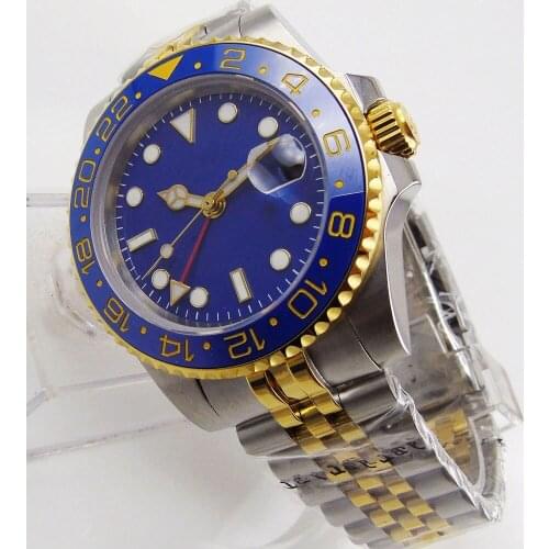 BLIGER Brand 40mm Gold Coated Mechanical Wristwatch Men Sapphire Glass GMT Date Jubilee Band Rotating Bezel