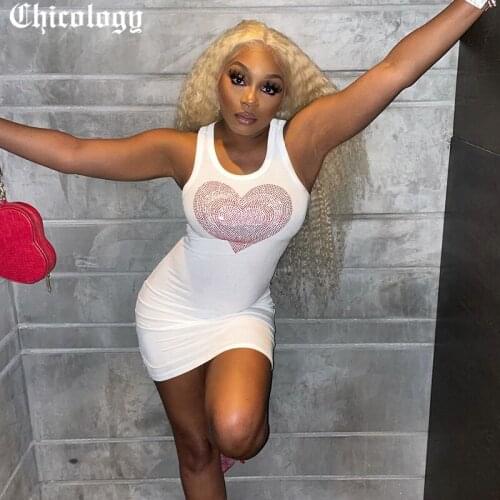 Chicology Women Summer 2021 Love Hot Diamond Print Dress Round Neck Sleeveless Mini White Stretchy Ritbbed Knitted Clothes