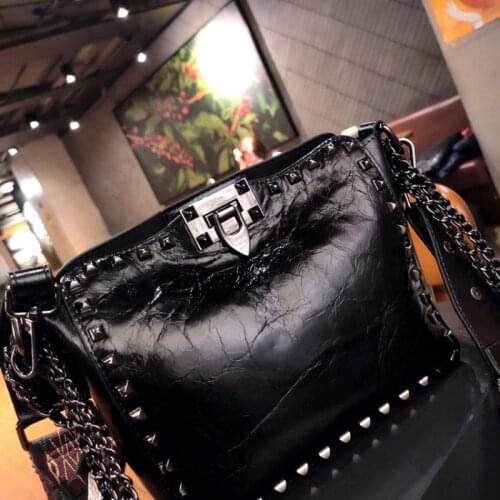Designer Genuine Rivets Cowhide Leather Leisure Small Women Bag Brand Luxury Chains Crossbody Bags Fashion Shoulder Tote Handbag