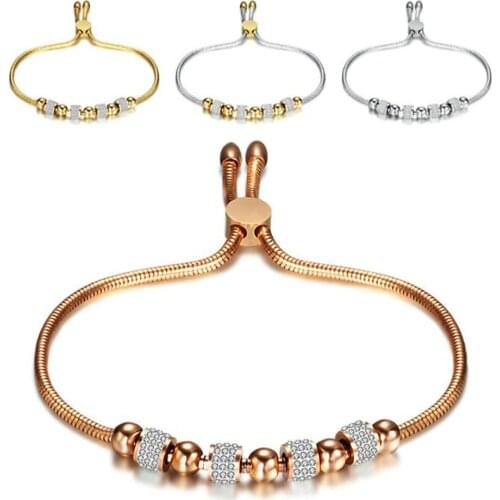 Stainless Steel Zircon Stone Crystal Bead Bracelet Bangle Rose Gold Women Minimalist Adjustable Snake Chain Link Bracelets