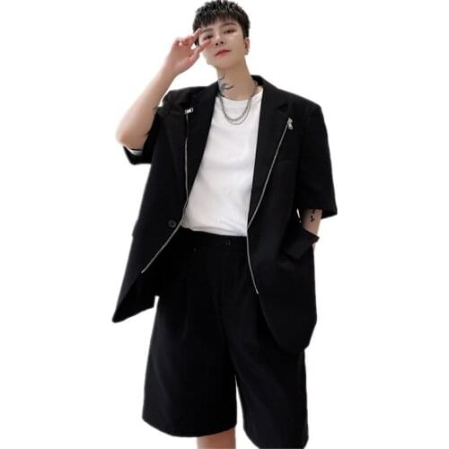 Summer personalized zipper decoration mens loose short sleeve suit hairstylist trendy young mens 5-sleeve suit coat