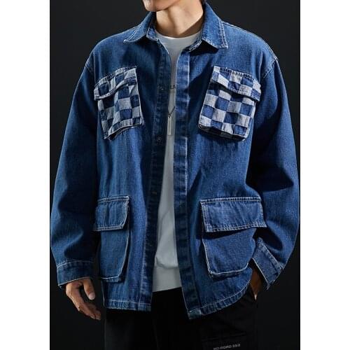 Spring and autumn mens loose denim jacket fashion high street trend hip-hop elements retro multi-pocket student jacket jacket