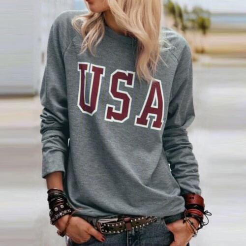 40# Fashion Women T-shirts Oversized Casual Letter Usa Printed Round Neck Long Sleeve Loose Pullover Tops Женские Футболки