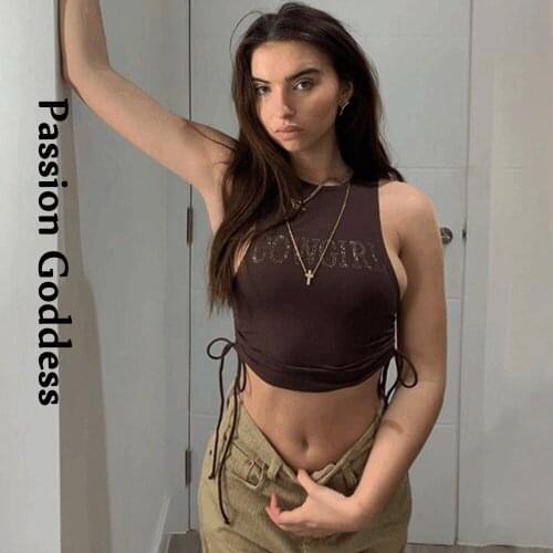 Y2K Fashion Women Rhinestone Drawstring Slim Crop Tops Sleeveless Bandage Vest Bustier Letter Hot Drilling Glitter Cropped Tops