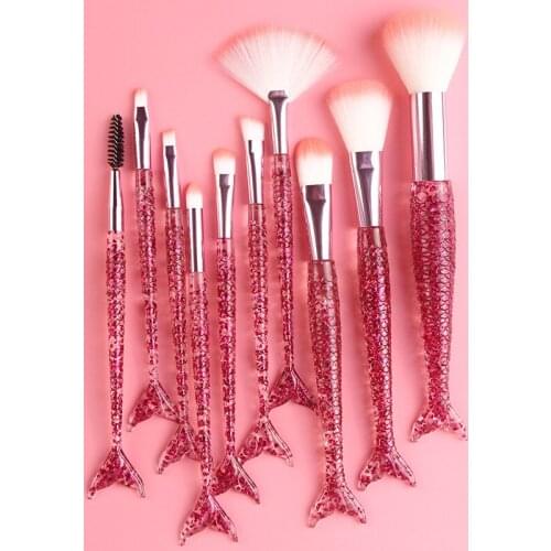 10pcs Red Mermaid Makeup Brushes Set Eyeshadow Blush Foundation Brush Lip Brush Crystal Diamond Make Up Brush Kits Maquiagem