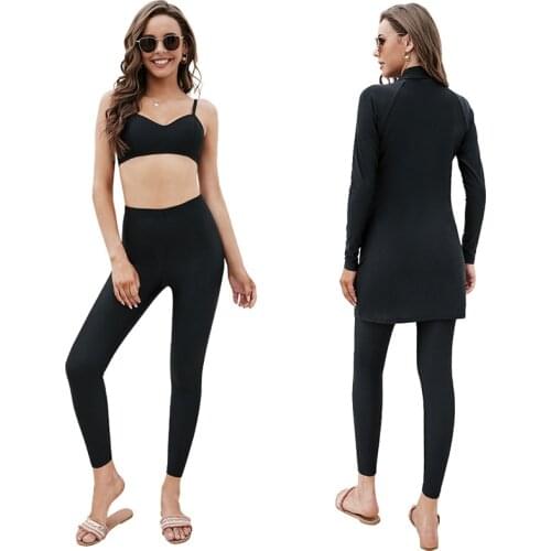 New Women Muslim Swimwear Swimsuit Burkini Modest Three-Piece Set Moslem Muslem Maillot De Bain Plus Size Full Black