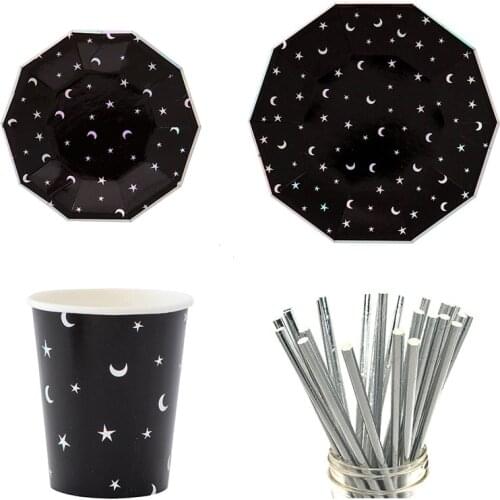 Gold Foil Black Party Ramadan Disposable Tableware Paper Straw Plates Cups Black Carnival Star Party Wedding Decoration Supplies