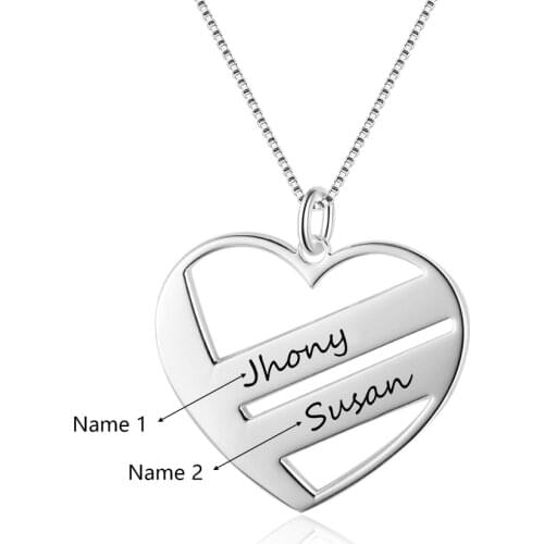 Personalized 925 Sterling Silver Heart Necklaces Lovers Pendants Engrave 2 Name Valentines Day Anniversary Gift Fine Jewelry