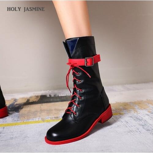 HOT Women Boots New Autumn Winter Mid-Calf Lace-Up Buckle Motorcycle Boots Short Plush Inside Med (3cm-5cm) Flat with