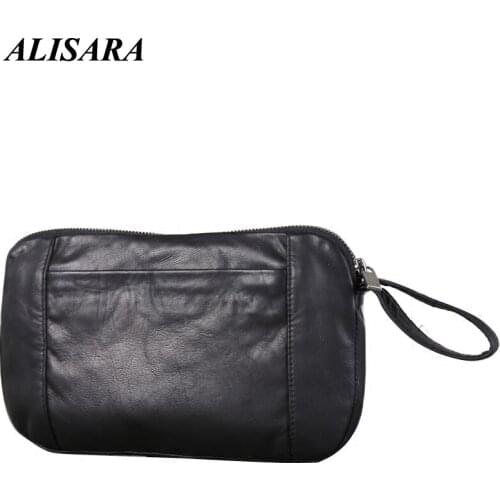 Alisara Clutch Bag First Layer Cow Leather Top End Luxury Men Business Casual Zipper Long Wallet Cell Phone Storage Hand Bags