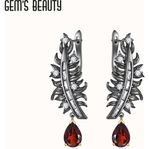 Gems Beauty Earrings For Women Real 925 Sterling Silver Garnet Handmade Original Feather Creative Trendy Silver Jewelry Earring