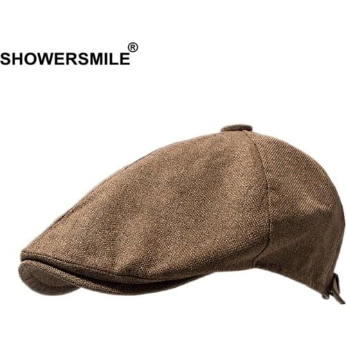 SHOWERSMILE Linen Beret Mens Hat Spring Summer Women Newsboy Cap British Retro Duckbill Driving Hats Cotton Gatsby Flat Gorras