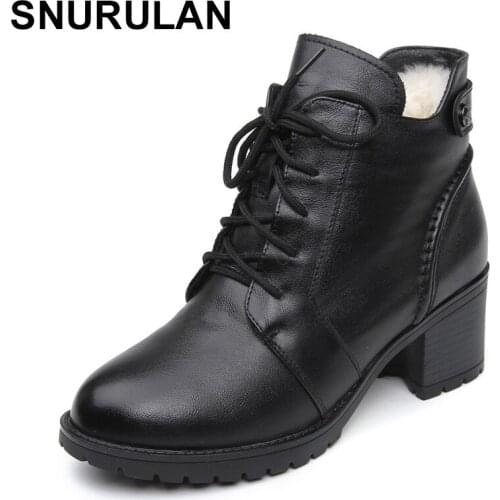 SNURULAN 2018 Fashion Genuine Leather Ankle Boots Women Winter Wool Warm Martin Boots Black Thick High Heel Leather Boot Shoes