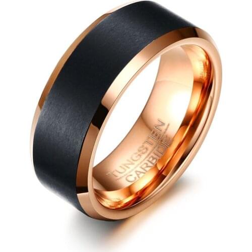 POYA Tungsten Ring for Men 8mm Black and Rose Gold Wedding Band Beveled Edges Comfort Fit