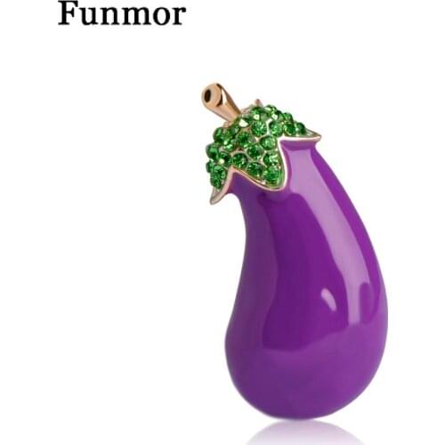 Funmor Enamel Eggplant Shape Brooch Green Leaf Rhinestone Vivid Vegetables Suit Collar Clip Harajuku Women Kid Brooches Corsage