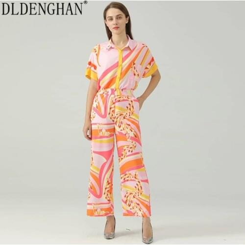 DLDENGHAN Summer High Street Print Chiffon Two-Piece Suit Womens Lapel Short Sleeve Pocket Shirt + Elastic Waist Long Pants New