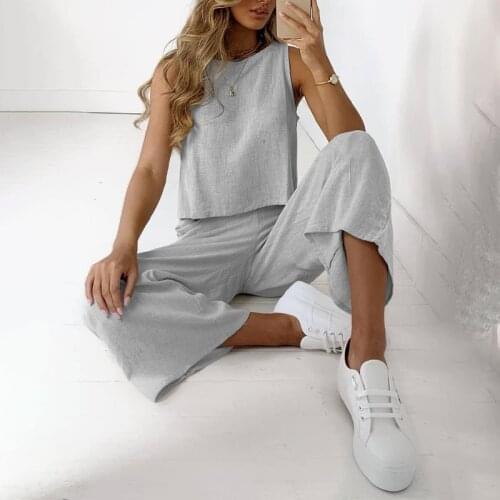 Summer Casual Two Pieces Tracksuit Womens Set Solid Sleeveless Blouses And Wide Leg Pants Female Sets 2021 Fashion Ladies Suits