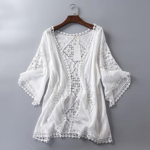 Women Summer Cardigans Embroidery Crochet Top Korean White Blouse 2020
