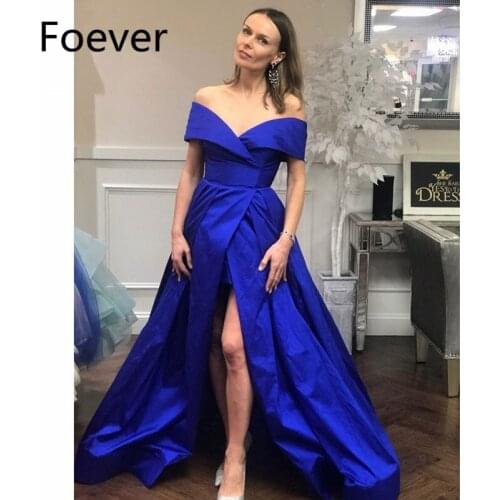 2019 A-Line Royer Blue Prom Dresses Long Lace Up Back Front Split Floor Length Sweep Train Satin Formal Evening Party Dress